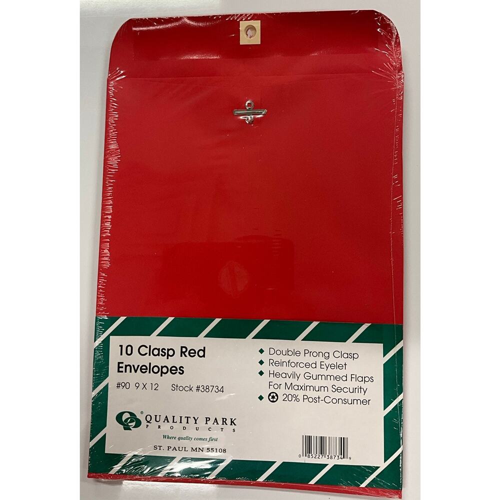 Sealed 10 Clasp Red Envelopes #90 - 9X12-#38734 Quality Park Fashion Color 28lb